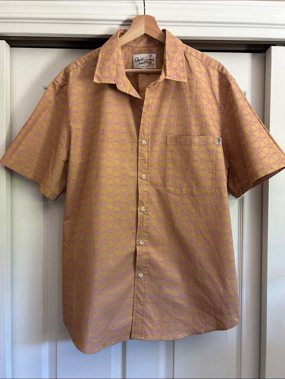 Roberta Oaks "Mod Volcano" Honey Short-Sleeve Button Down Shirt NWOT XXL